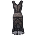 Kate Kasin Sem Manga V-Neck V-Back Hips-Wrapped Mermaid Black Lace Bodycon Evening Pencil Dress KK001079-1